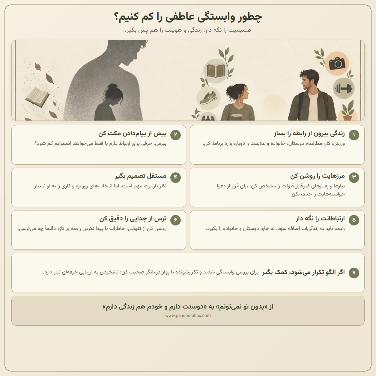 اینفوگرافیک هفت راه برای کاهش وابستگی عاطفی و حفظ استقلال در رابطه